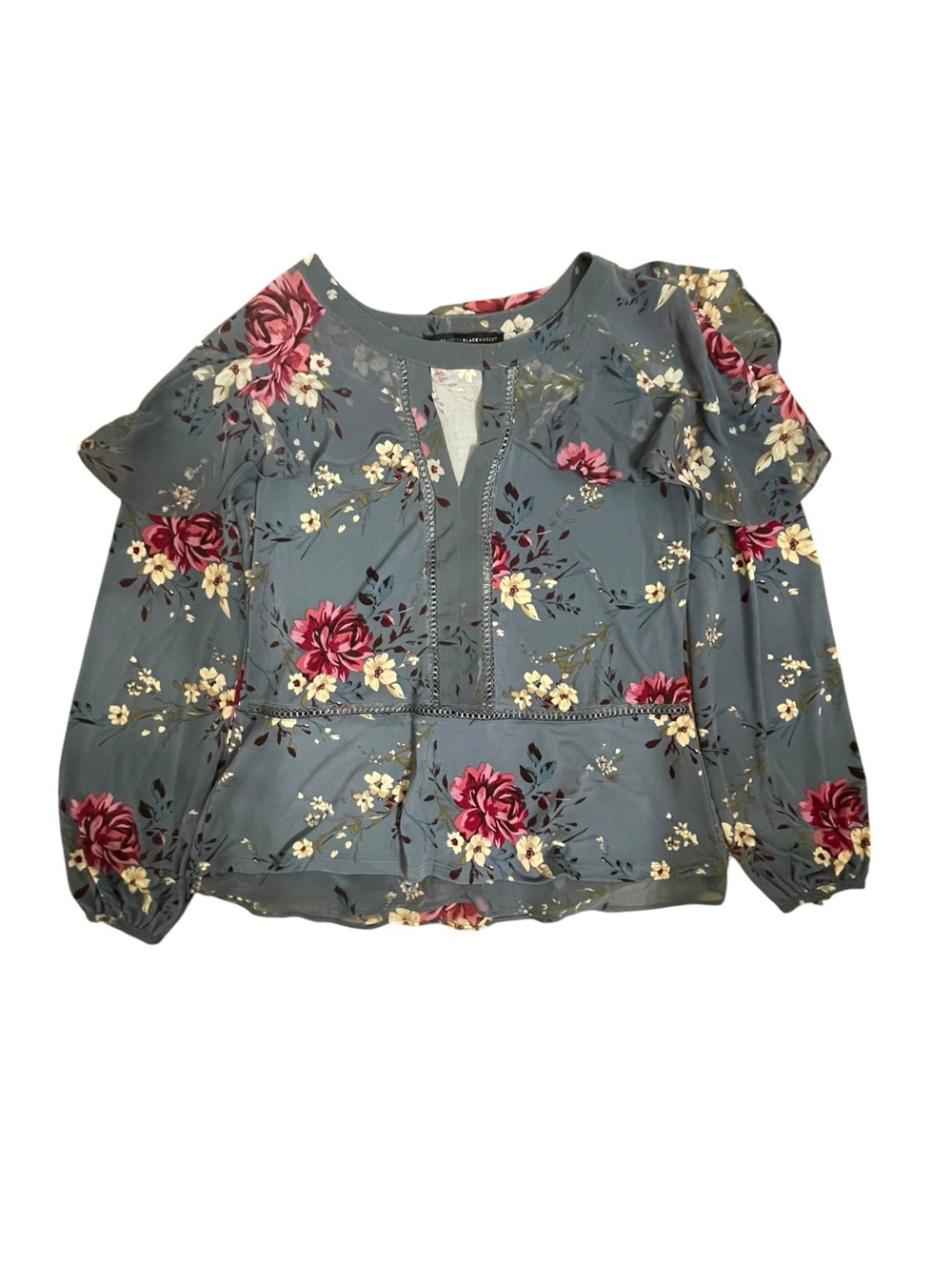White House Black Market Blue Floral Ruffle V-Neck Long Sleeve Blouse S